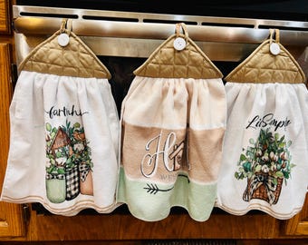 Medium Size, 2-sided Farmhouse Dishtowels with Button Potholder Hangers