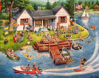 Fun at the Lake, Boating, fishing, skiing and Eating homemade quilt 40" x 60"