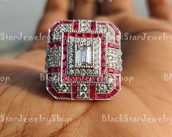 Art Deco Emerald Cut Simulated Diamond Ruby Halo Ring: 925 Sterling Silver