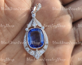 1930s Art Deco Blue Hydro Cushion Cut Pendant: Sterling Silver Necklace