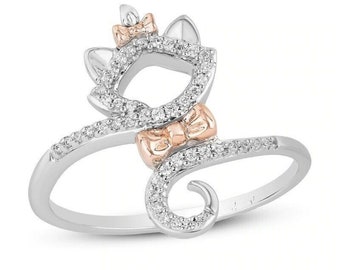 Two Tone Disney Treasures Aristocats 1/10 CT VVS1 D Round Cut Cubic Zirconia Diamond Engagement Wedding Ring 14K White & Rose Gold FInish