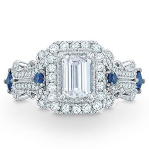 Vera Wang Love Collection 1.32 CT Emerald-Cut Diamond and Simulated Blue Sapphire Scroll Ring in 925 Sterling Silver - Cocktail Ring6003