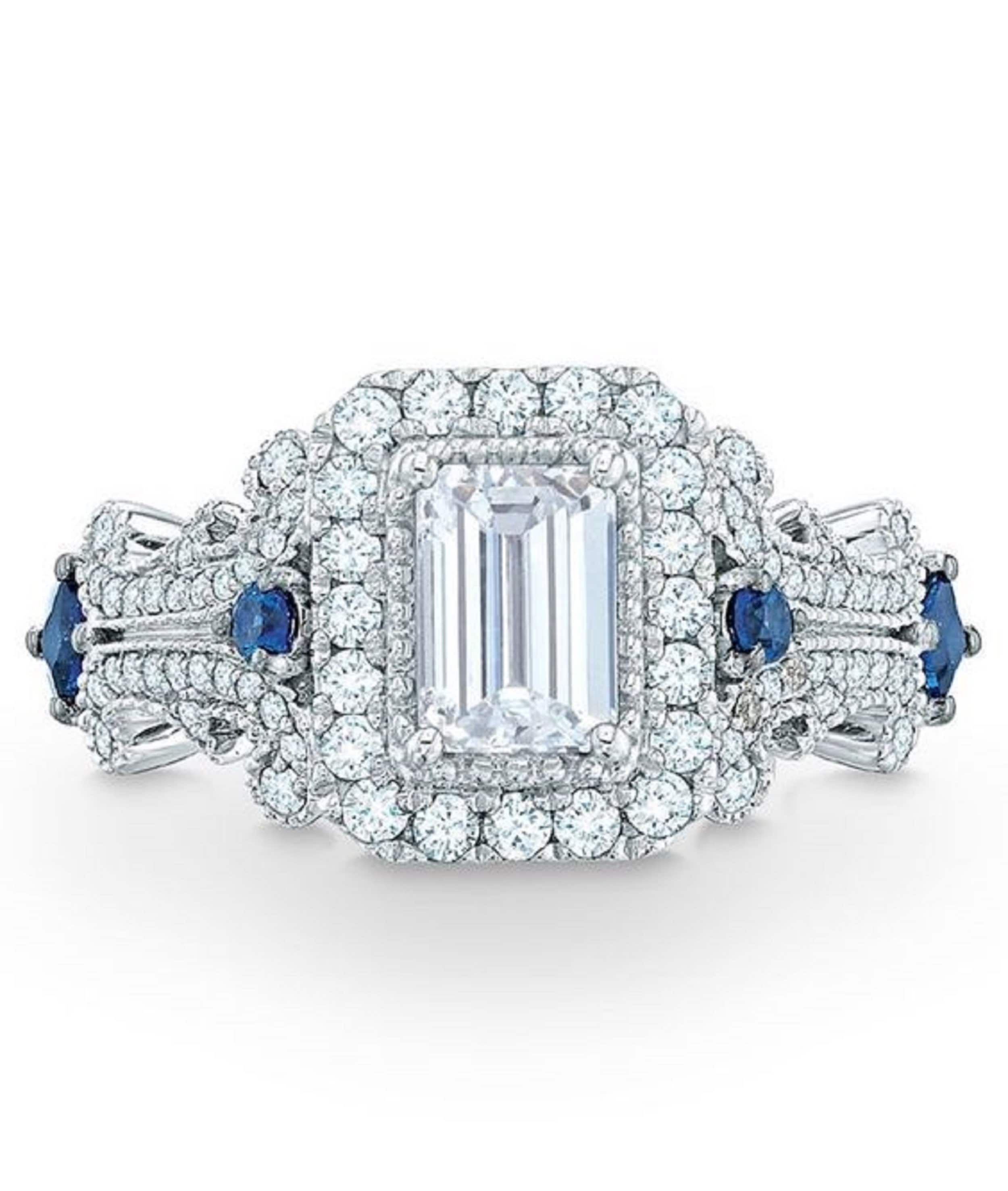 Vera Wang Love Collection 1.32 CT Emerald-Cut Diamond and Simulated Blue Sapphire Scroll Ring in 925 Sterling Silver - Cocktail Ring6003