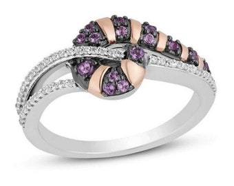 Cheshire Cat Ring: Amethyst & Simulated Diamond Sterling Silver Promise Ring