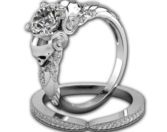 2.00 Ct Round Cut Cubic Zirconia Diamond Two Skull Engagement Wedding Bridal Ring Set - 14K White Gold Ring Set-Gothic Style Skull Ring