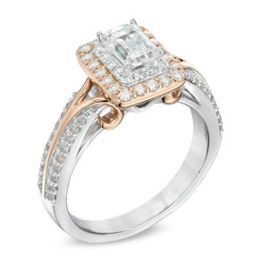 Moissanite Ring -Vera Wang Love Collection 1 CT Emerald-Cut Diamond Engagement Ring- Double Diamond Frame Ring- Blue Sapphire Ring