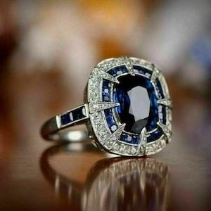 Vintage Art Deco Ring, 3.75Ct Cushion Cut Blue Sapphire & Diamond Ring, Art Deco Vintage Jewellery, Wedding Anniversary Gift Ring 3701