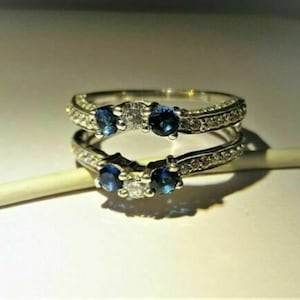 Blue Sapphire Wedding Guard Ring: 2.00 Ct Lab Created Diamond, Sterling Silver