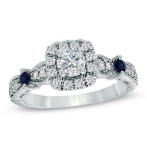 Vera Wang Love Collection Halo Engagement Ring For Her Wonderful Women Moissanite Ring- Blue Sapphire ring - Vintage Style Ring