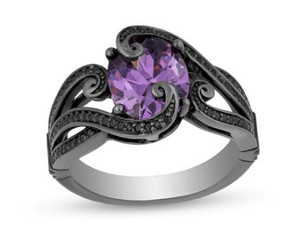 Enchanted Disney Villains Ursula Oval Amethyst and 1/4 Ct Simulated Enhanced Black Diamond Ring in 925 Sterling Silver