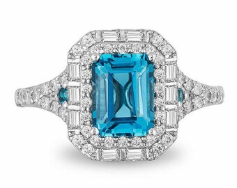 Enchanted Disney Cinderella 8*6 mm Aqua Blue Emerald Cut & 3/4 Ct Signity Diamond Double Frame Engagement Ring -Promise Ring- Gifts For Her
