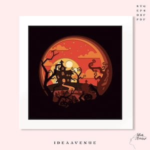Halloween Shadowbox SVG, modello di taglio di carta della casa spettrale a strati, SVG a strati 3D, file Svg di Shadow Box Paper Cut per Cricut