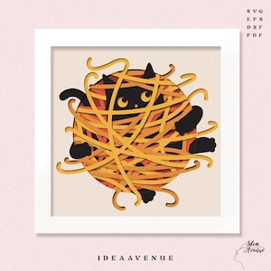 May include: A framed art print featuring a black cat playfully tangled in a ball of spaghetti. The cat's eyes and paws peek out from the yellow pasta. The print includes the text "IDEA AVENUE".
