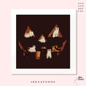 May include: A Halloween-themed illustration featuring a jack-o'-lantern face with cat-shaped ghosts inside. The design includes bats, pumpkins, and a spiderweb, all in shades of brown, orange, and white. The text "IDEA AVENUE" is at the bottom.
