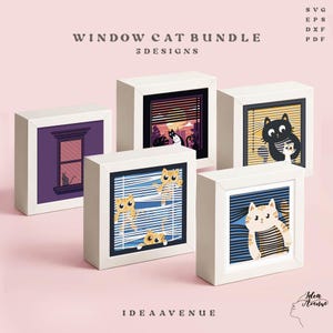 May include: Five framed art prints with cat illustrations. Each print depicts a different cat design, such as cats looking through windows and blinds. The text "WINDOW CAT BUNDLE" and "S DESIGNS" is visible at the top of the image.
