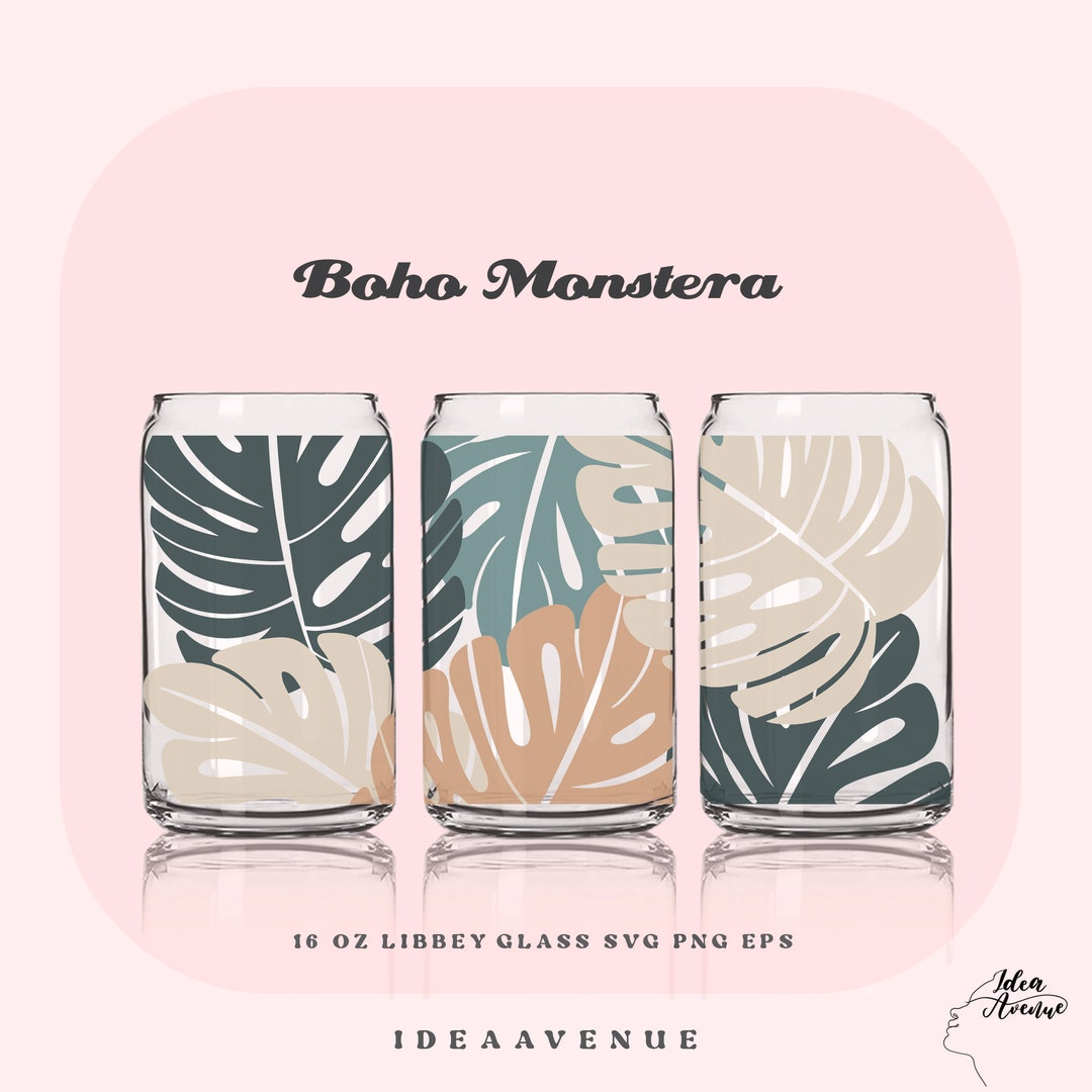 Boho Monstera 16 Oz Can Glass Svg, Libbey Beer Glass SVG, Tropical Leaf ...