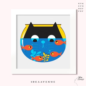 May include: A black cat's head is inside a blue fishbowl with four orange goldfish swimming around. The fishbowl is on a white background with a white frame.