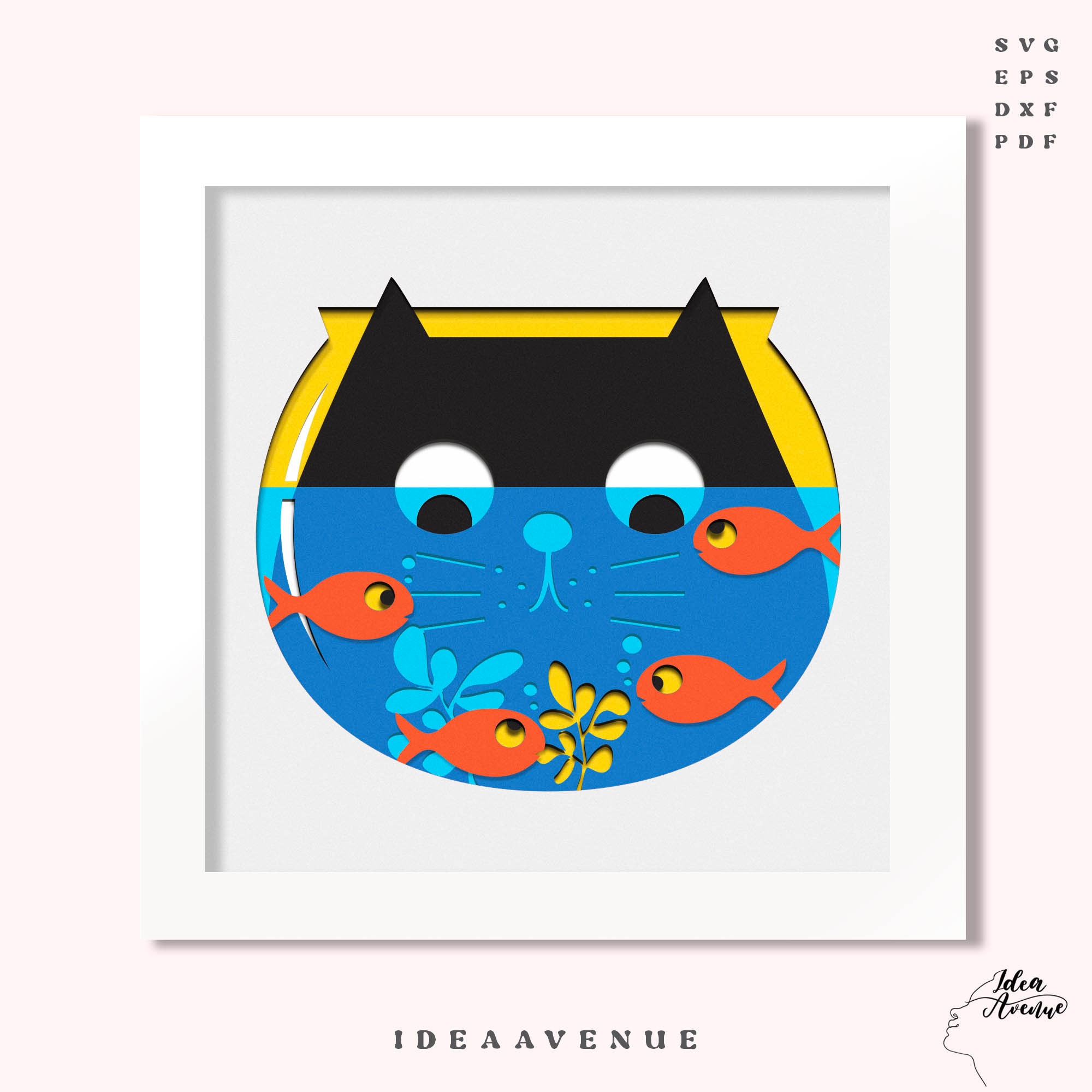 3D Cat Shadowbox SVG: Black Cat & Fishbowl Paper Cut (Digital Download)