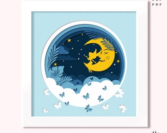 3D Fairy Moon Shadowbox Svg, Layered Fairy Papercut Lightbox Svg, Shadowbox Template Files For Cricut and Silhouette