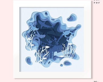3D海中シャドウボックス、水中レイヤーライトボックス、オーシャンシャドウボックスSVG、水中ペーパーカットクリカットとシルエット