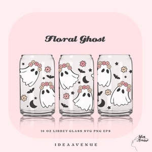Floral Ghost Libbey Glass Wrap Svg, Halloween Can Glass Svg, Cute Ghost Svg, 16oz Libbey Wrap Svg, Png, files for Cricut