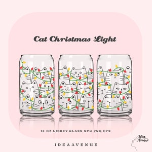 May include: Three 16 oz. glass canisters with a design of cats tangled in Christmas lights. The canisters are clear glass with a black outline. The cats are gray with black eyes and whiskers. The lights are yellow and red. The text "Cat Christmas Light" is at the top of the image. The text "16 oz. LIBBEY GLASS SVG PNG EPS" is below the canisters. The text "IDEA AVENUE" is at the bottom of the image.