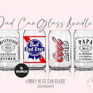 Puede incluir: Cuatro diseños para vasos de lata de 473 ml. Los diseños presentan el texto "Best Father", "Best Dad Ever", "Cool Dad" y "Papa". Los vasos son transparentes y tienen un aspecto esmerilado. Los diseños están impresos en la parte delantera de los vasos.