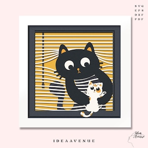 Puede incluir: Una obra de arte en papel en capas que presenta un gato negro abrazando a un gato calicó más pequeño. El fondo muestra un patrón de rayas amarillas y blancas, enmarcado en un borde blanco y gris oscuro. El texto "IDEA AVENUE" está en la parte inferior.