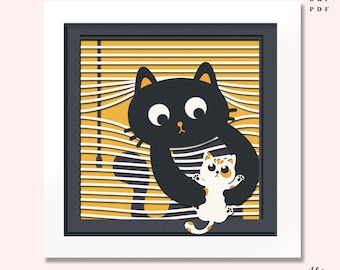 Cat & Kitten 3D Shadow Box SVG: Layered Paper Cut File