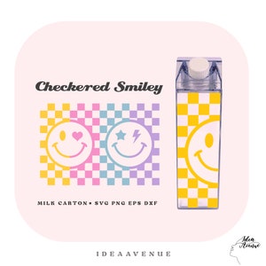 Retro Checkered Smiley Face Milk Carton Bottle Wrap Svg, Happy Face Acrylic Water Bottle wrap 500 ml/16 oz file For Cricut