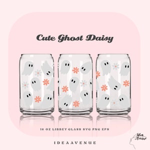Cute Ghost Daisy Can Glass Svg, Halloween 16oz Glass Can Wrap Svg, Cute Spooky Coffee Glass Svg, 16oz Libbey Can Glass File For Cricut
