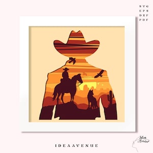May include: A silhouette of a cowboy with a sunset background. The cowboy is riding a horse and there are cacti and a wolf in the scene. The image is in a white frame with the text "IDEA AVENUE" at the bottom.