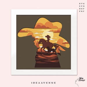 May include: A layered paper art piece featuring a cowboy riding a horse through a desert landscape at sunset. The silhouette of the cowboy and horse is set against a backdrop of orange and yellow hues, with the text "IDEA AVENUE".