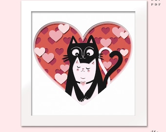 3D Cat Couple Shadow Box SVG Layered Heart Paper Cut File Valentine's Day Gift Cricut