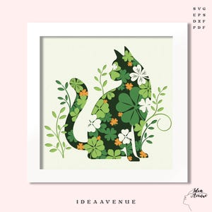 May include: A green cat silhouette made of four-leaf clovers and other green foliage. The cat is sitting with its tail curled around its body. The background is a light green.