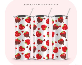 Chocolate Strawberries 20oz Skinny Tumbler Wrap Template SVG, Heart Strawberries Tumbler Template, Valentines Day SVG Files For Cricut