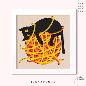 3D Cute Cat Shadowbox Svg, Layered Cat Papercut Svg, Cat With Yarn Ball Shadowbox Template Files For Cricut and Silhouette