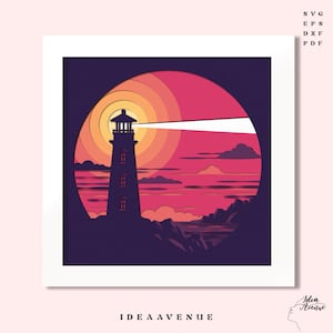 Puede incluir: Un diseño de corte de papel de un faro con un rayo de luz que brilla sobre una puesta de sol púrpura, rosa y naranja. El diseño está enmarcado en un cuadrado blanco con el texto "IDEA AVENUE" en la parte inferior.