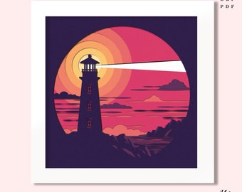 May include: A paper cut-out design of a lighthouse with a beam of light shining out over a purple, pink, and orange sunset. The design is framed in a white square with the text "IDEA AVENUE" at the bottom.