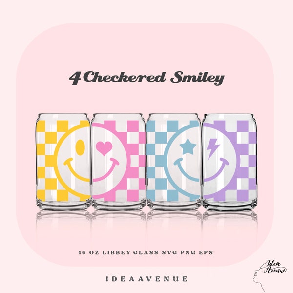 Checkered Smiley Face 16 Oz Libbey Can Glass Svg, Retro Checkered Smileys Svg, Smiley Face Svg, Vintage Svg  Silhouette Files for Cricut