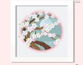 Caja de sombras 3D de flor de cerezo SVG: Recorte de papel de primavera japonesa (descarga digital)