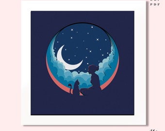 Moonlit Night Shadow Box SVG: Girl and Cat Paper Cut (Digital Download)