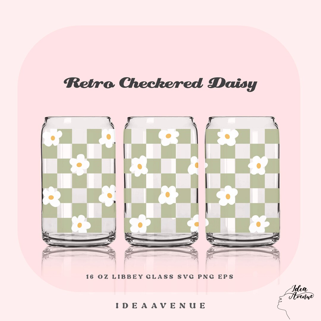 Retro Checkered Daisy 16 Oz Can Glass Svg, Boho Daisy Libbey Glass Wrap ...