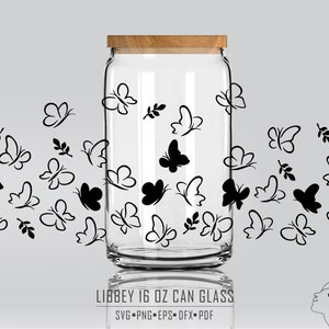 Butterfly Line Art 16 Oz Can Glass SVG, Butterfly Libbey Glass SVG, Coffee Glass Can Svg, Dxf Png Files For Cricut Digital Download