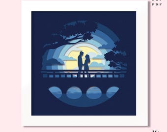 Couple Night Scenery 3D Shadowbox: Layered Paper Cut SVG (Digital Download)