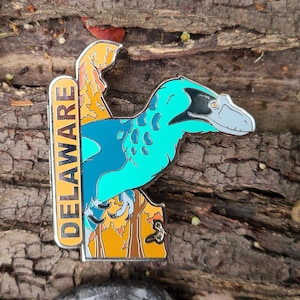 May include: A blue and green enamel pin featuring a dinosaur with the word "DELAWARE" in yellow lettering.