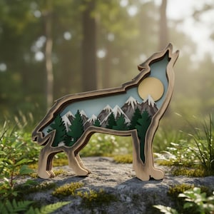 May include: A multi-layered wooden cutout in the shape of a howling wolf. The interior features a landscape scene with green pine trees, snow-capped mountain peaks, and a solid yellow circular moon against a light blue background.