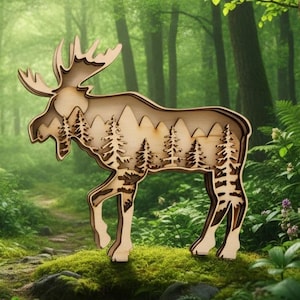 May include: A layered wooden cutout in the shape of a moose, featuring a detailed interior scene of pine trees and mountain peaks. The light-coloured wood has dark, burnt-edge detailing that creates depth and contrast within the animal silhouette.