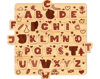 May include: Wooden alphabet puzzle featuring brown letters on a light wood background. The letters are decorated with white polka dots and other small designs. The puzzle includes a variety of small images, such as a bee, a flower, a pear, a cup of coffee, a butterfly, a candy cane, a ball, and a car.
