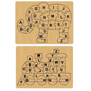 Set of 2 jigsaw puzzles, elephant, train, lasercut file, 3D Puzzle, vector, laser cut, vector, glowforge, svg, cdr, dxf